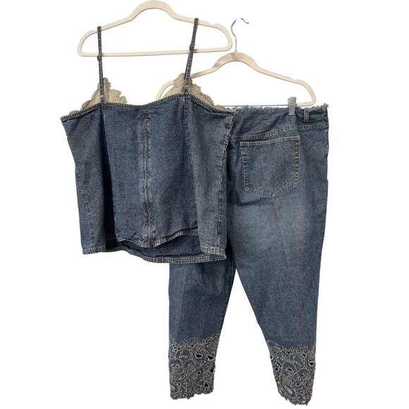 Y2K Venezia Jeans Embroidered Top and Pants Denim Set Size 22 Blue Distressed - Picture 2 of 5